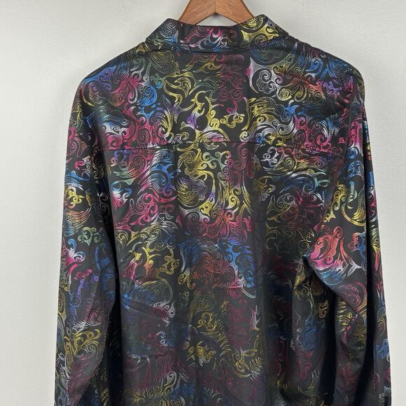 ZEROYAA Men's Metallic On Black Printed XL LongSleeve Button Dress Shirt Rainbow - Picture 10 of 10